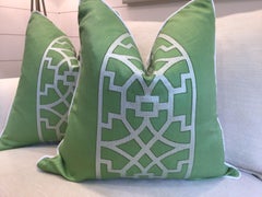 Schumacher Mary McDonald "Don't Fret" Green Linen Embroidered Pillows - 22" Pair