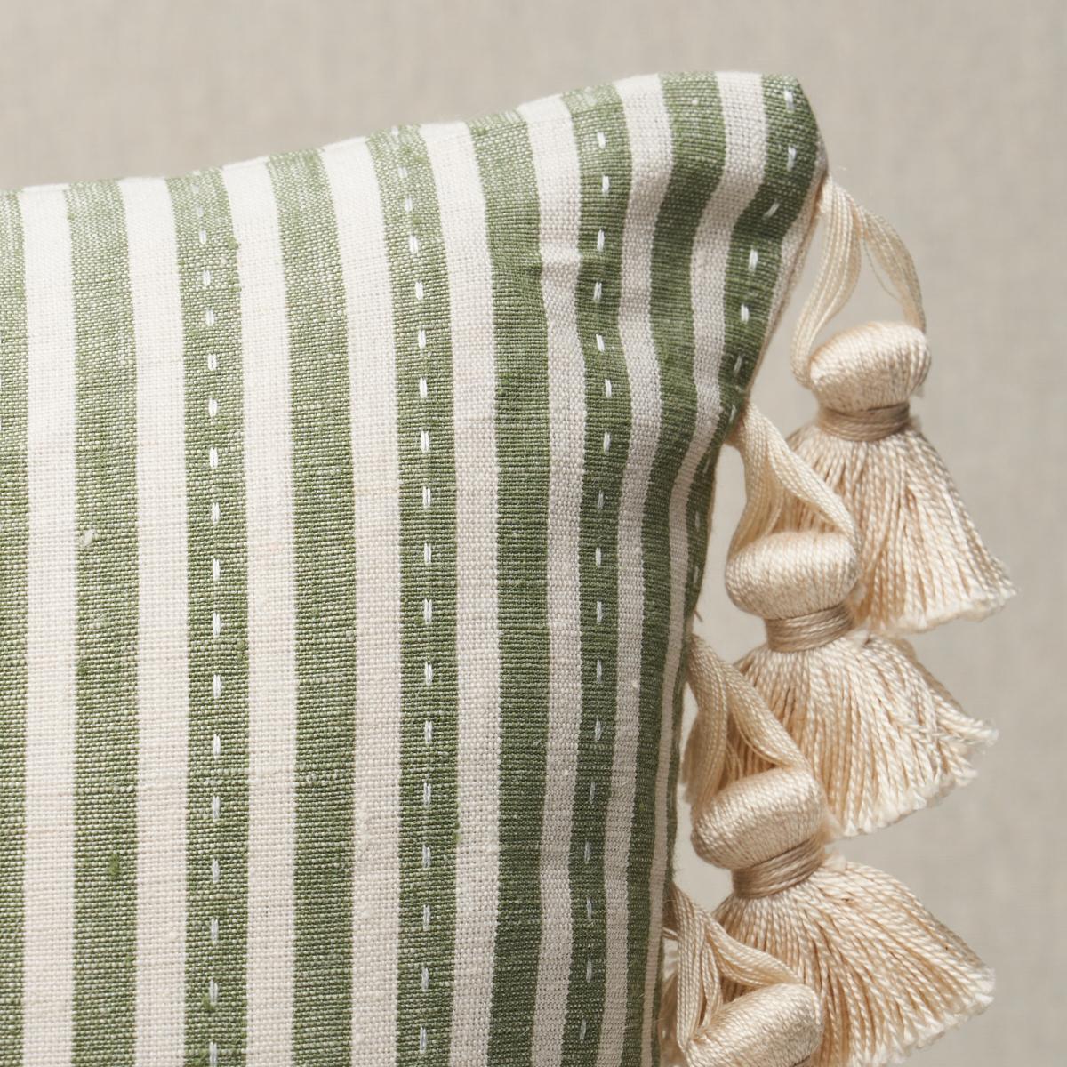 This pillow features Mathis Ticking Stripe with a welt on a bias finish. Printed on a linen-hemp blend with a running-stitch detail, Mathis Ticking Stripe in sage is an interesting, textural take on traditional mattress ticking. Pillow includes a