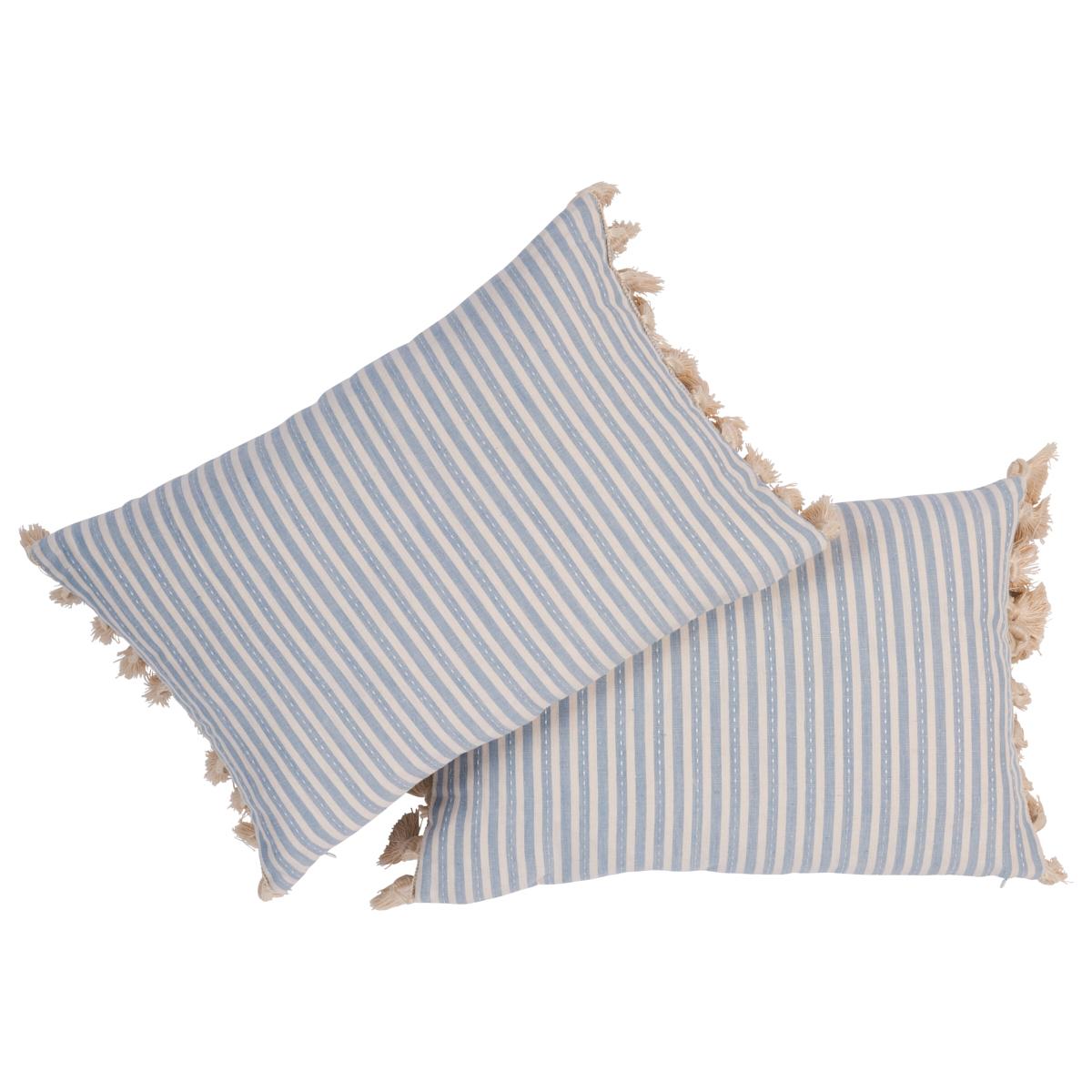 This pillow features Mathias Ticking Stripe with a knife edge finish on top and bottom. Printed on a linen-hemp blend with a running-stitch detail, Mathis Ticking Stripe in sky is an interesting, textural take on traditional mattress ticking. Sides