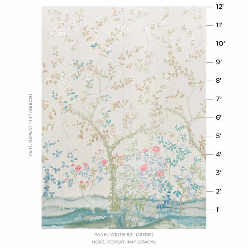 English Garden meets chinoiserie in this stunning design, in collaboration with Miles Redd. Originally drawn to scale on French canvas, this vast floral pattern is comprised of two 12' foot panels.

Panel Width: 104