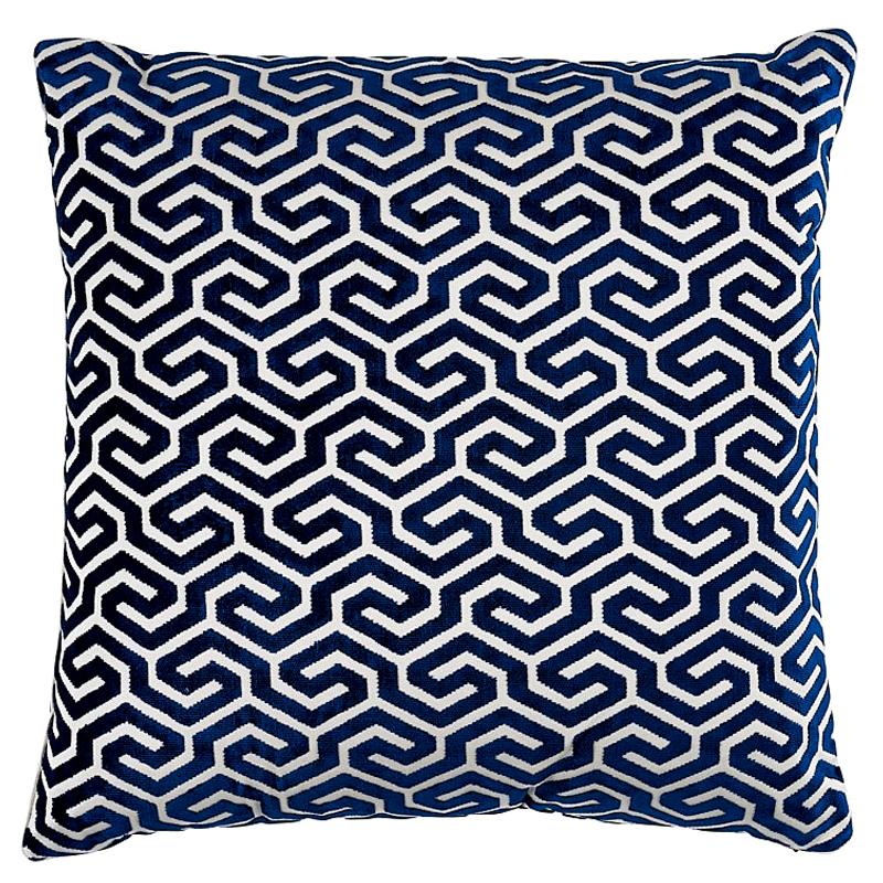 Schumacher Ming Fret Velvet 20" Pillow in Navy For Sale