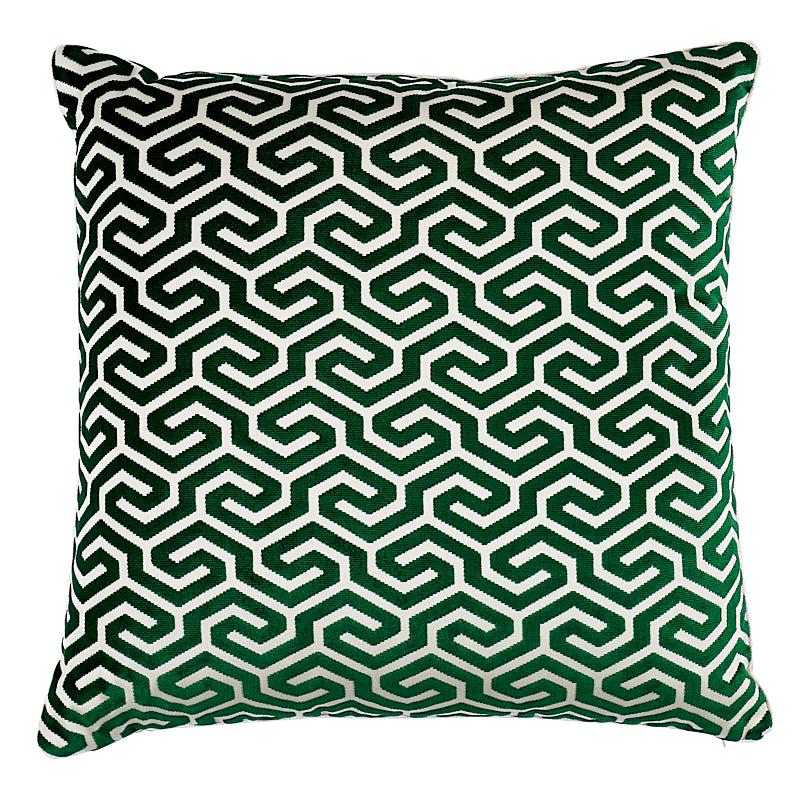 Schumacher Ming Fret Velvet 22" Pillow in Emerald For Sale