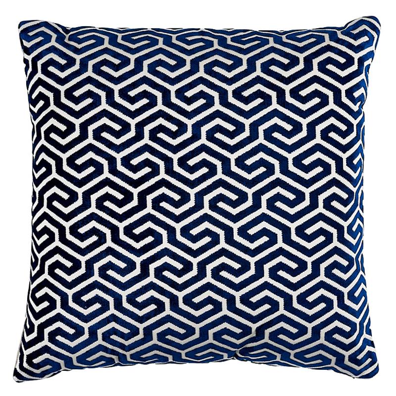 Schumacher Ming Fret Velvet 22" Pillow in Navy For Sale