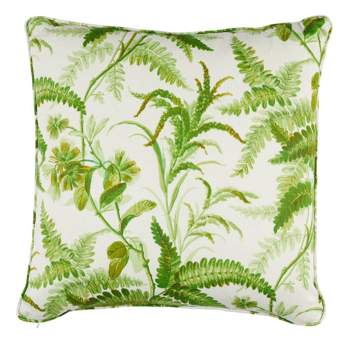 This pillow features Myers Fern Linen with a self welt finish. Gracious in its beauty, tropical-colored Myers Fern Linen is lushly printed on linen fabric with a lush forest of classic ferns and flowers that feels sophisticated, fresh, and timeless.