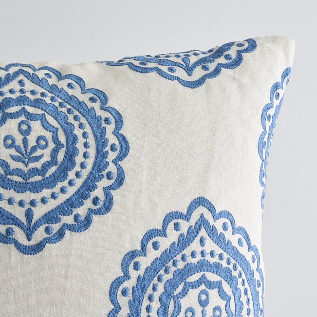 This pillow features Olana Embroidery with a knife edge finish. An enchanting medallion pattern that feels both romantic and exotic, in a gorgeous range of spot-on, supremely livable hues. Pillow includes a feather/down fill insert and hidden zipper