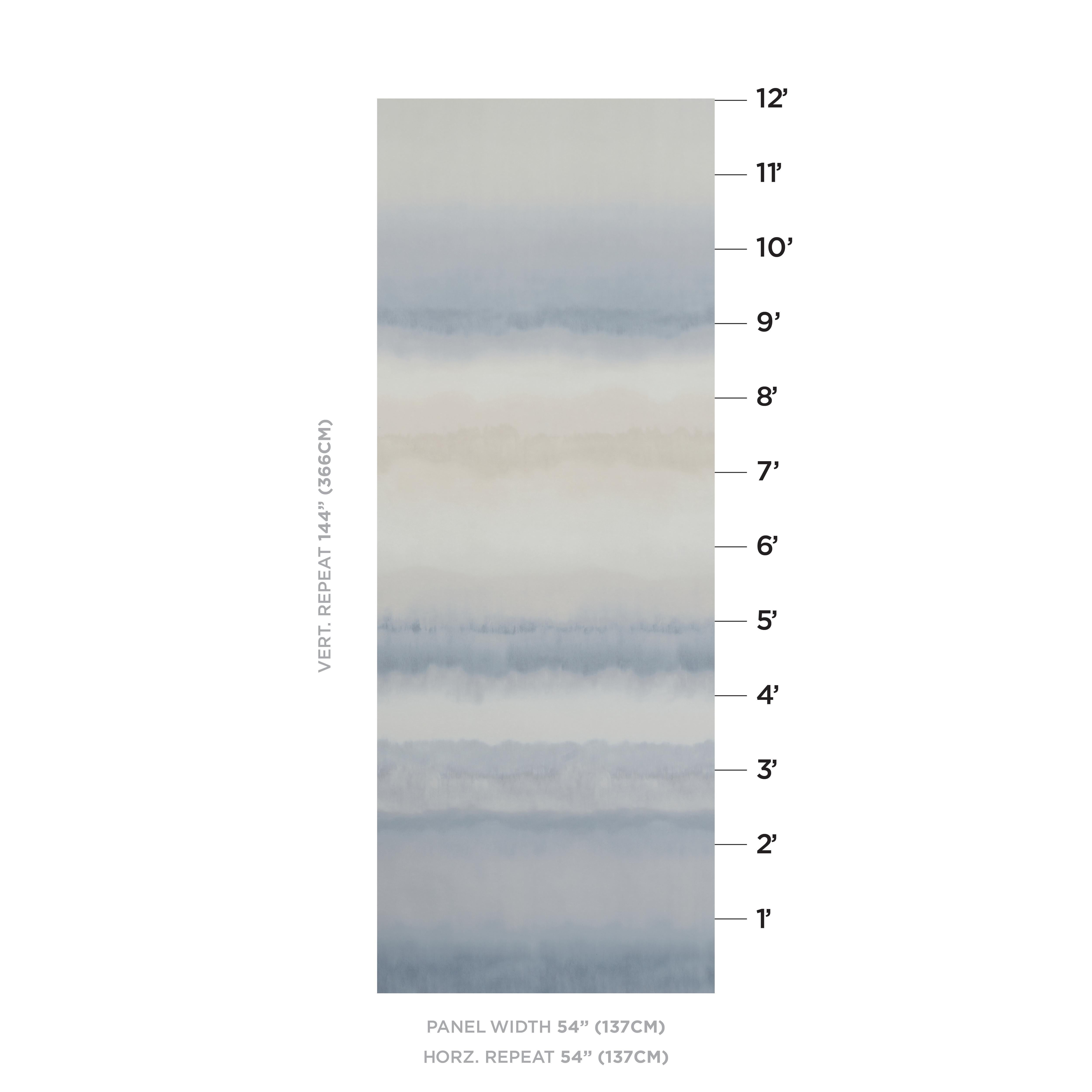 Capturing the look of artisanal processes like ikat or shibori, this 12-foot tall panel wallcovering has a soft, watercolor effect and alludes to a lush seascape or landscape.

Panel Width: 54