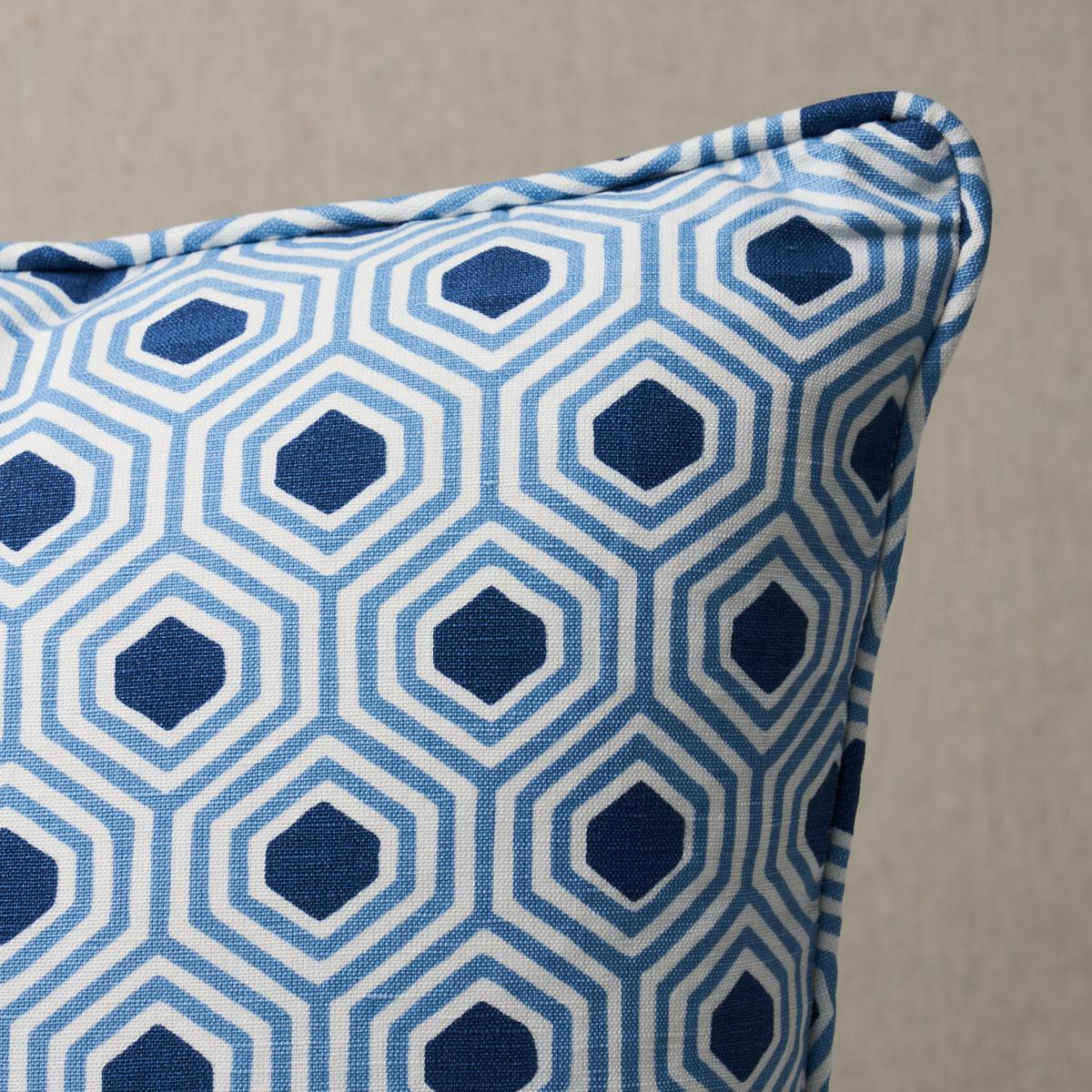 This pillow features Otis Hand Print with a self welt finish. Otis in blue is a fun and cheerful geometric fabric that sits on the groovier side of preppy. Hand screen-printed in India on a cotton-linen ground, this design is full of handmade marks
