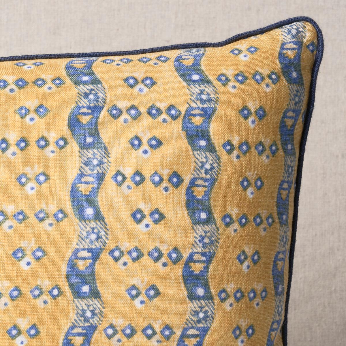 This pillow features Ottilie Stripe. A unique and intricately detailed scalloped stripe, Ottilie Stripe in yellow has subtle tonalities and extraordinary depth. Printed on a 100% linen ground and slightly off-register, this wonderful pattern evokes
