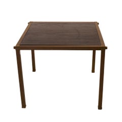 Schumacher Pair of Mid-Century Brass Side Tables with Inset Wood Tops