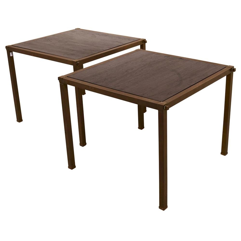 Schumacher Pair of Mid-Century Brass Side Tables with Inset Wood Tops