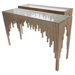 Schumacher Pair of Mid-Century Tubular Chrome Console Tables with Glass Tops
