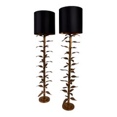 Schumacher Pair of Unique Vintage Brass Floor Lamps with Leaf Motifs