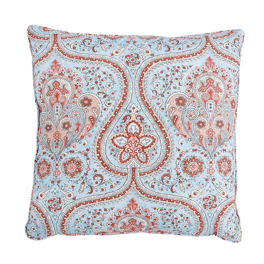 This pillow features Paisley Court with a Self Welt finish. With its alternating, irregular stripes and chevrons, this exceptional woven linen has a tribal look and the sophistication of a rare, antique textile. Pillow includes a feather/down fill