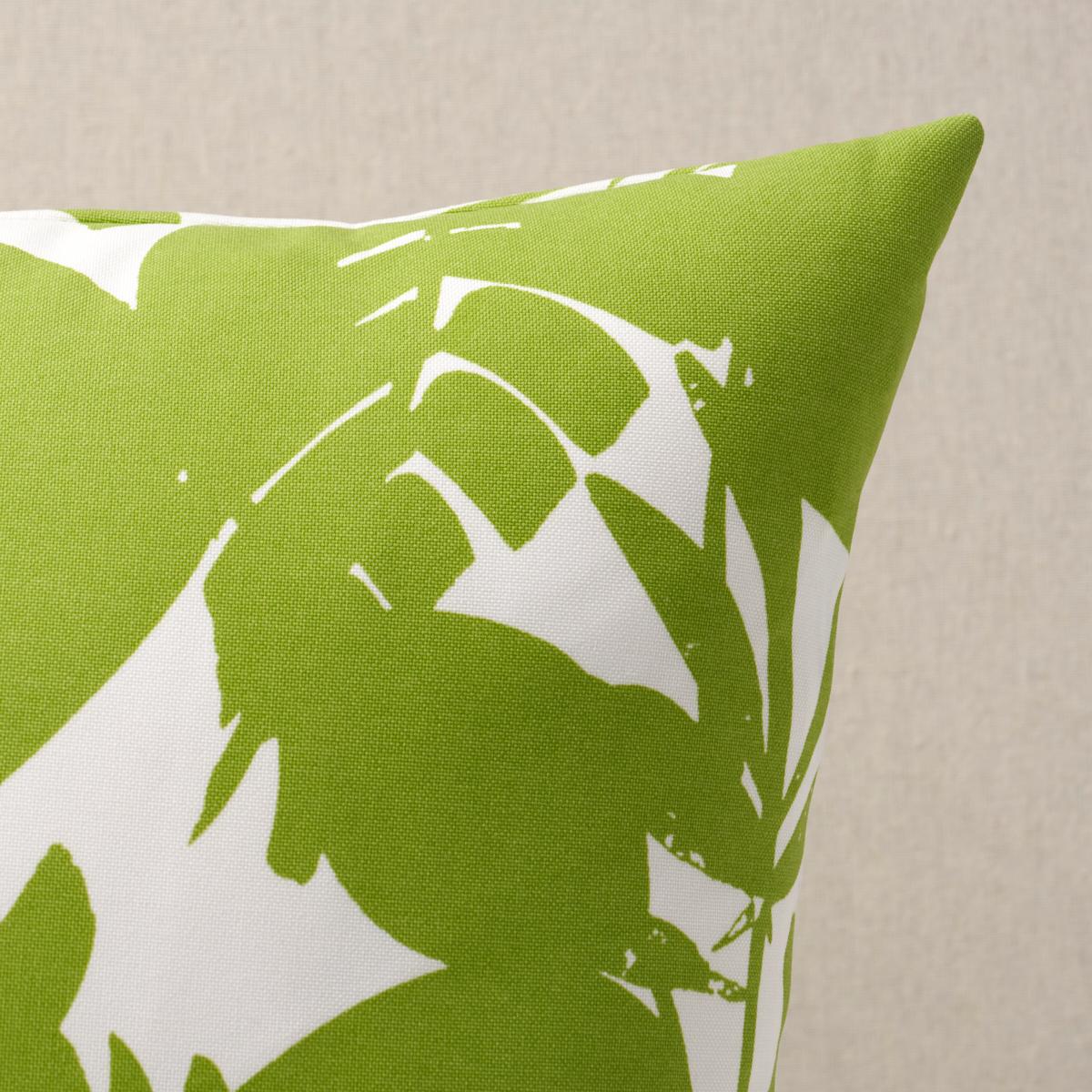 This pillow features Palisades Palm Print Indoor/Outdoor by Trina Turk with a knife edge finish. Featuring graphic silhouettes of tropical fronds, Palisades Palm Print Indoor/Outdoor fabric is a dense allover design by Trina Turk. Pillow includes a