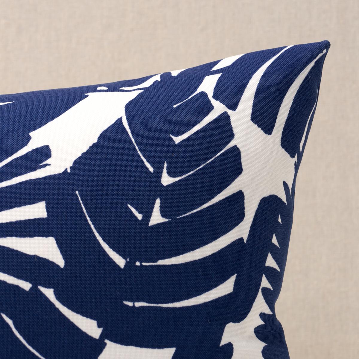 This pillow features Palisades Palm Print Indoor/Outdoor by Trina Turk with a knife edge finish. Featuring graphic silhouettes of tropical fronds, Palisades Palm Print Indoor/Outdoor fabric is a dense allover design by Trina Turk. Pillow includes a