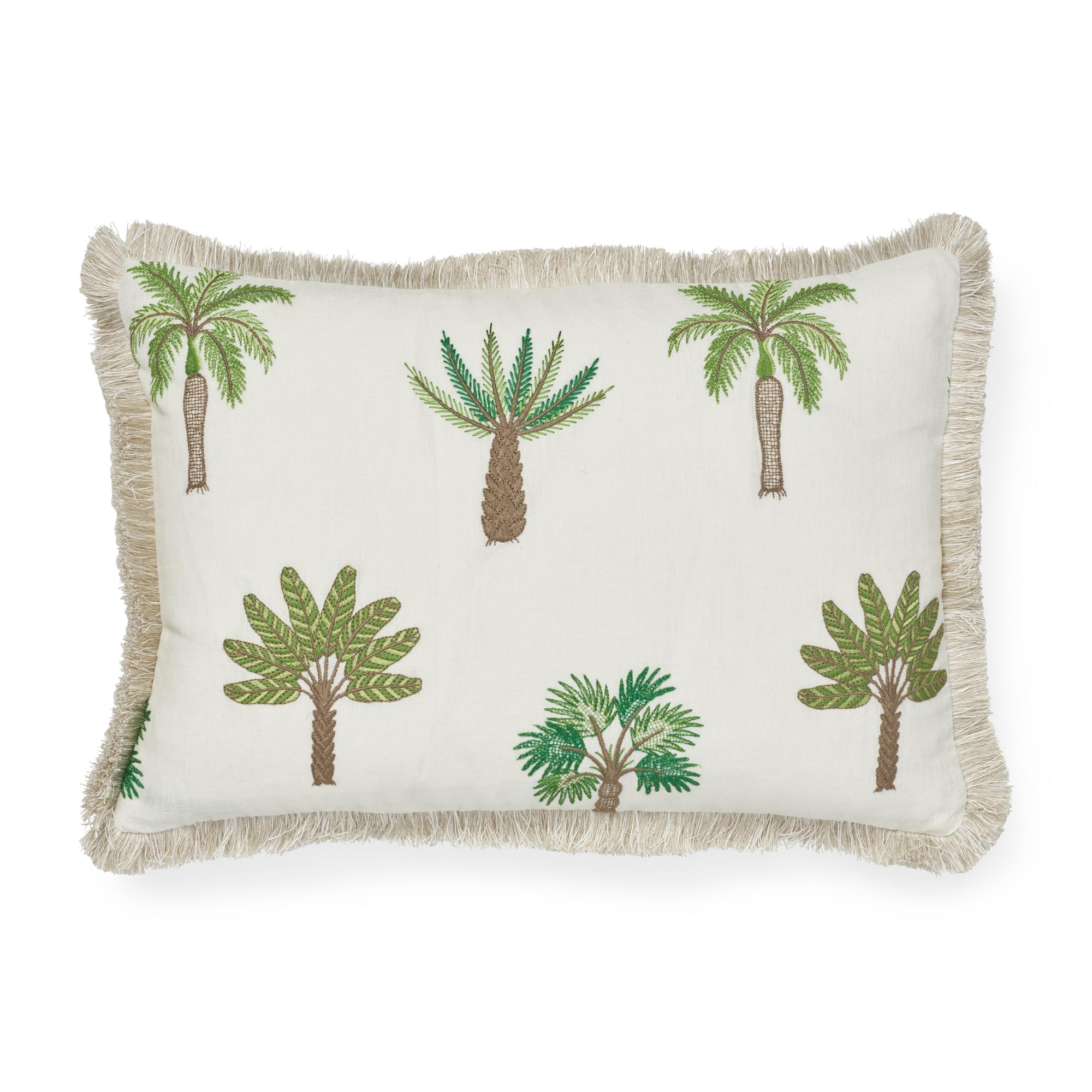 Modern Schumacher Palmetto Beach Embroidery Green Two-Sided Linen Pillow For Sale