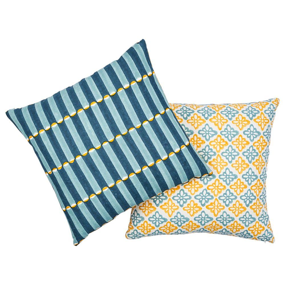 This pillow features Pattee on the front with Luna on the back by Molly Mahon for Schumacher with a knife edge finish. Fabric is hand-block printed in India by master craftsmen. Pillow includes a feather/down fill insert and hidden zipper closure.
