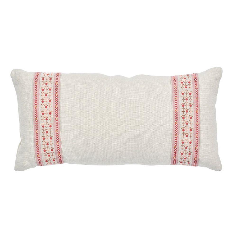 This pillow features Pica Bella Block Print Tape with a knife edge finish. An intentionally naive design, this sweet little floral tape is hand blocked to accentuate its charm. Body of pillow features Gweneth Linen. Pillow includes a feather/down