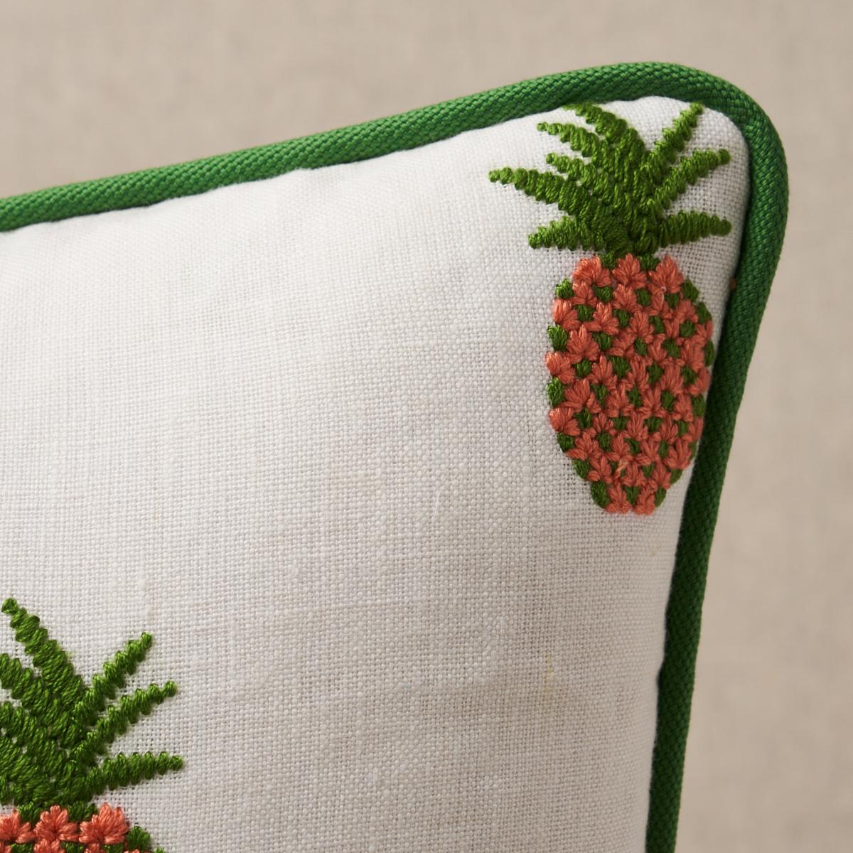 This pillow features Pineapple Embroidery. Pineapple Embroidery in apricot-on-ivory is a small-scale pattern stitched on a lovely linen ground. Pillow is finished with a welt in Elliott Brushed Cotton. Welt contents: 100% cotton. Pillow includes a