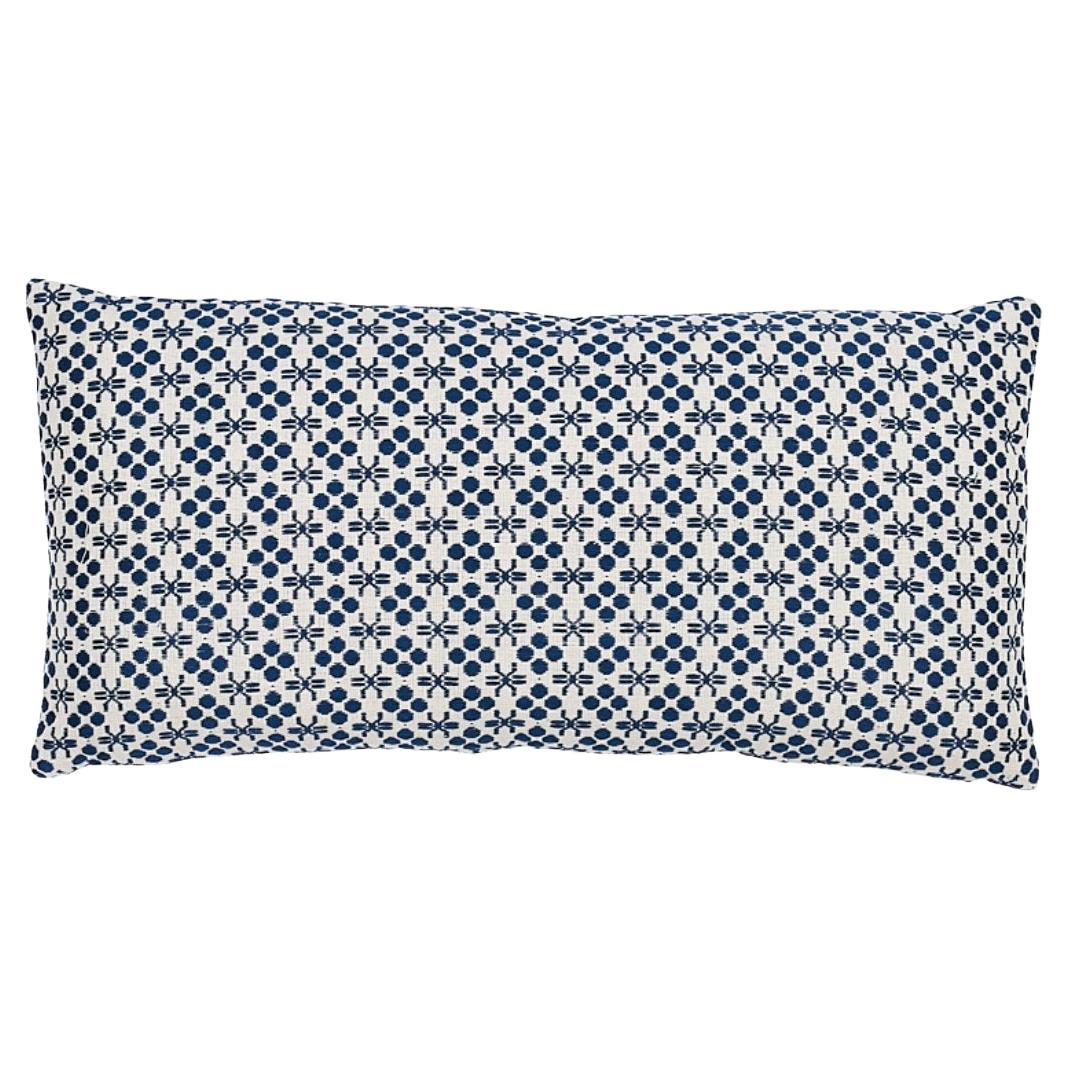 This pillow features Poxte on the front and Lempa on the back, both by A Rum Fellow for Schumacher with a knife edge finish. These patterns are ethically handwoven in Guatemala with a centuries-old, treadle-loom technique. The artisanal nature of