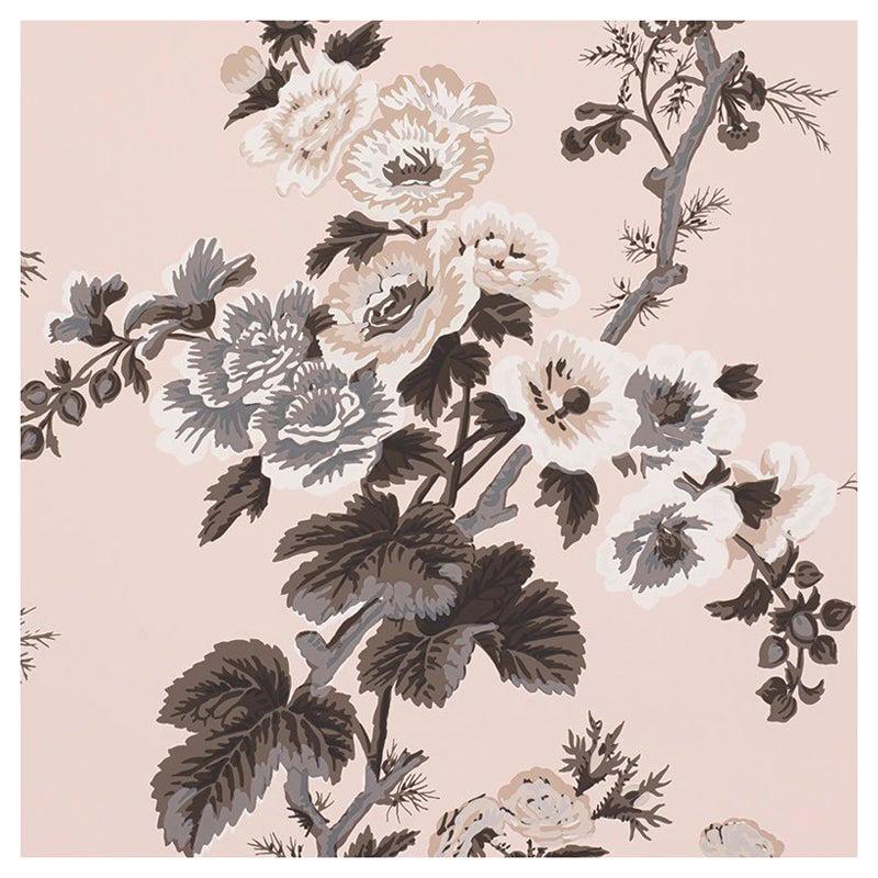 Schumacher Pyne Hollyhock Floral Chintz Blush Wallpaper For Sale