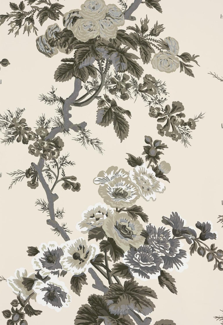 Schumacher Pyne Hollyhock Floral Chintz Charcoal Wallpaper For Sale at