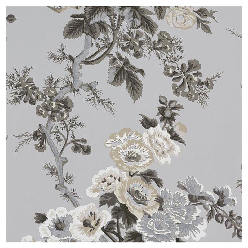 Papier peint grisaille gris chintz à fleurs Hollyhock de Schumacher Pyne