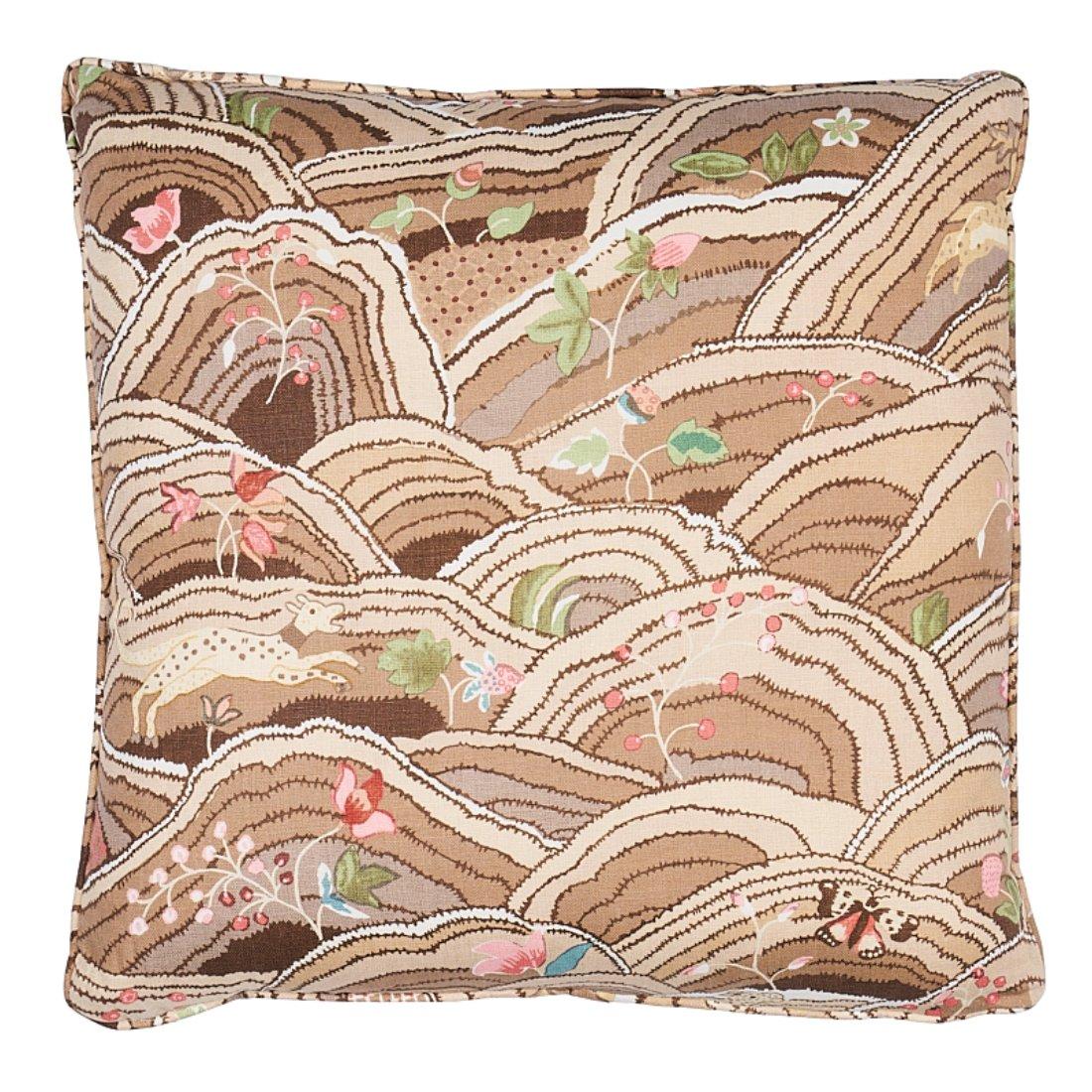 This pillow features Rolling Hills with a self welt finish. Charming animals gambol within a naïve landscape in this whimsical full-coverage print. This design preserves the rustic simplicity of the embroidered original, which dates to 1960. Pillow