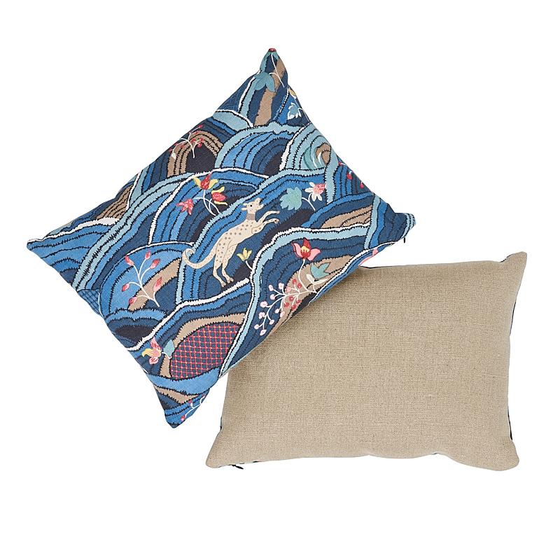 This pillow features Rolling Hills with a knife edge finish. Charming animals gambol within a naïve landscape in this whimsical full-coverage print. This design preserves the rustic simplicity of the embroidered original, which dates to 1960. Back