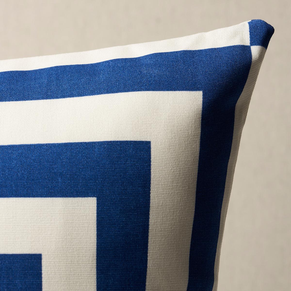 This pillow features Roxbury Indoor/Outdoor with a knife edge finish. A graphic large-scale design, Roxbury Indoor/Outdoor in navy is a bold geometric that invites pattern play. Pillow includes a polyfill insert and hidden zipper closure.