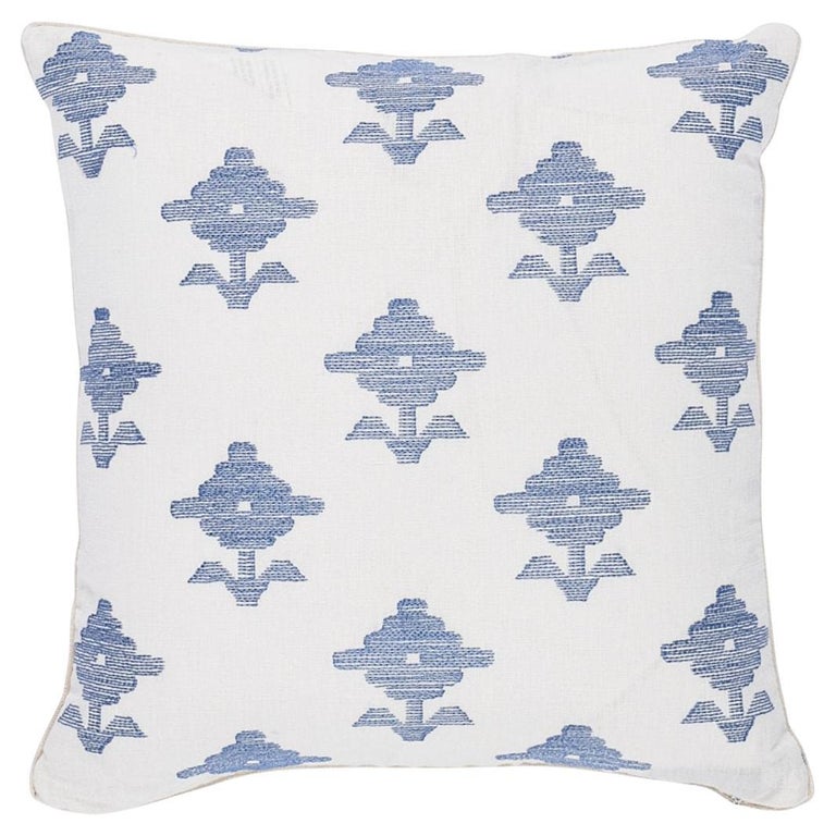 Schumacher Rubia Embroidery 18" Pillow in Blue For Sale at 1stDibs