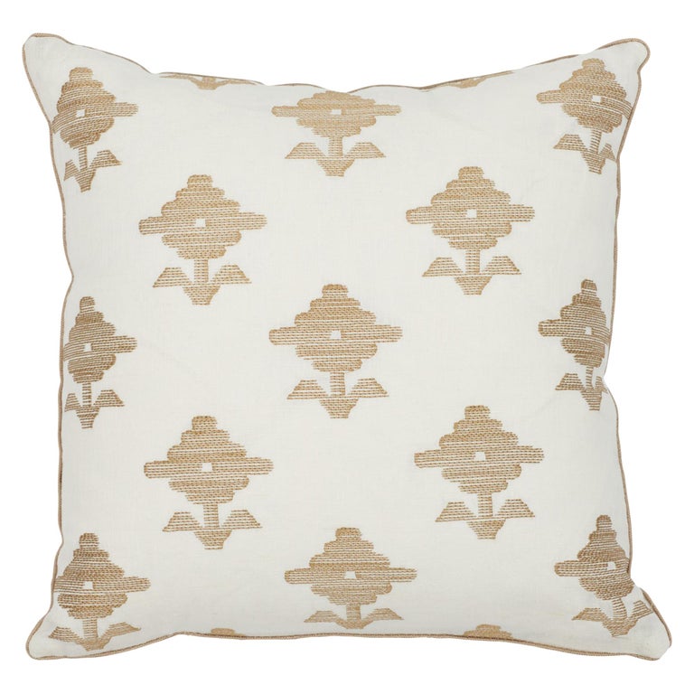 Schumacher Rubia Embroidery Ivory Two-Sided Linen Pillow For Sale