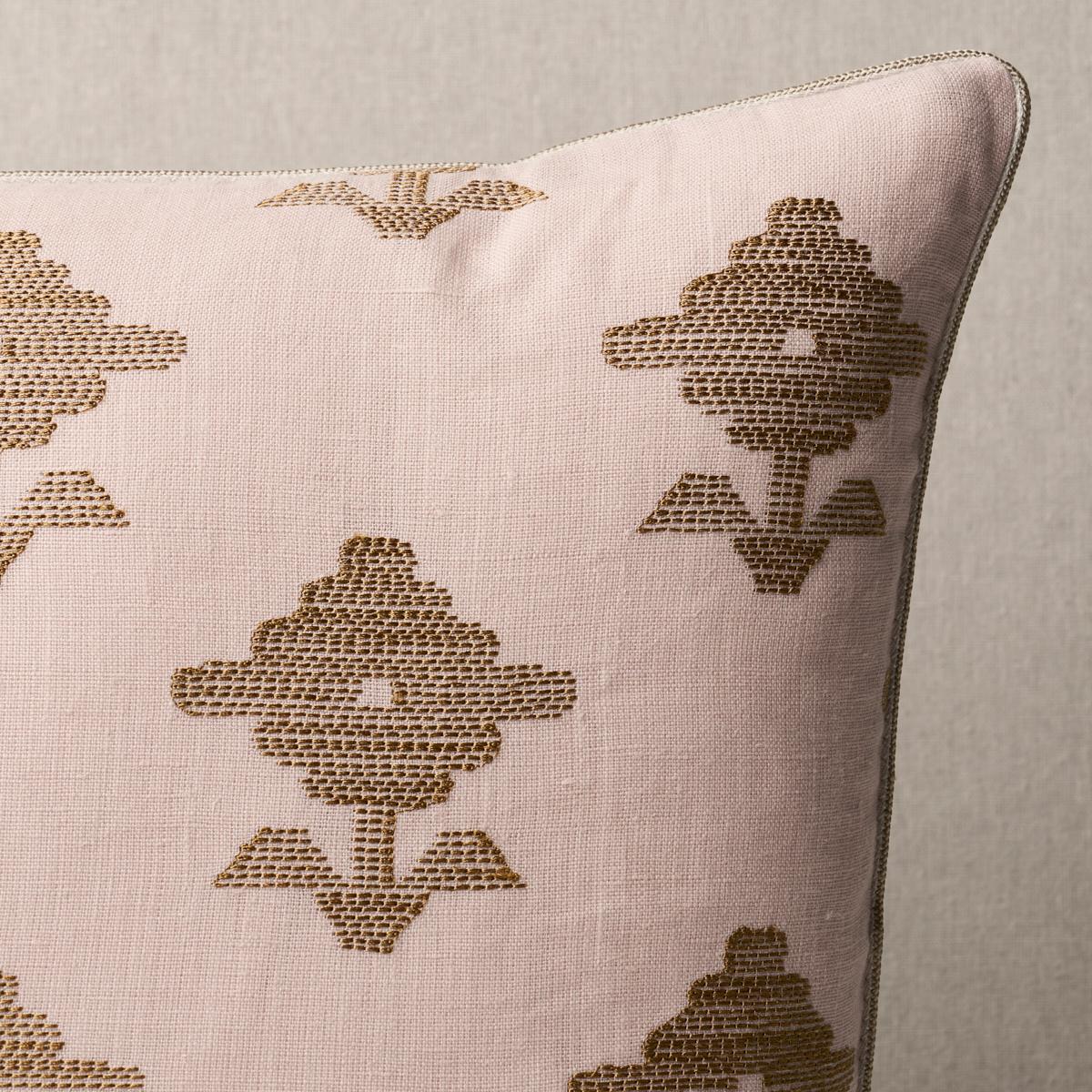 This pillow features Rubia Embroidery. Made on a 100% linen ground, the stylized flowers are rendered in an irregular running stitch with a subtle sheen lending it a gorgeous hand and understated elegance. Pillow is finished with a welt in Gustave