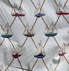 Schumacher Sailboats Nautical Textile, White Cream, Multi Color Vintage Cotton
