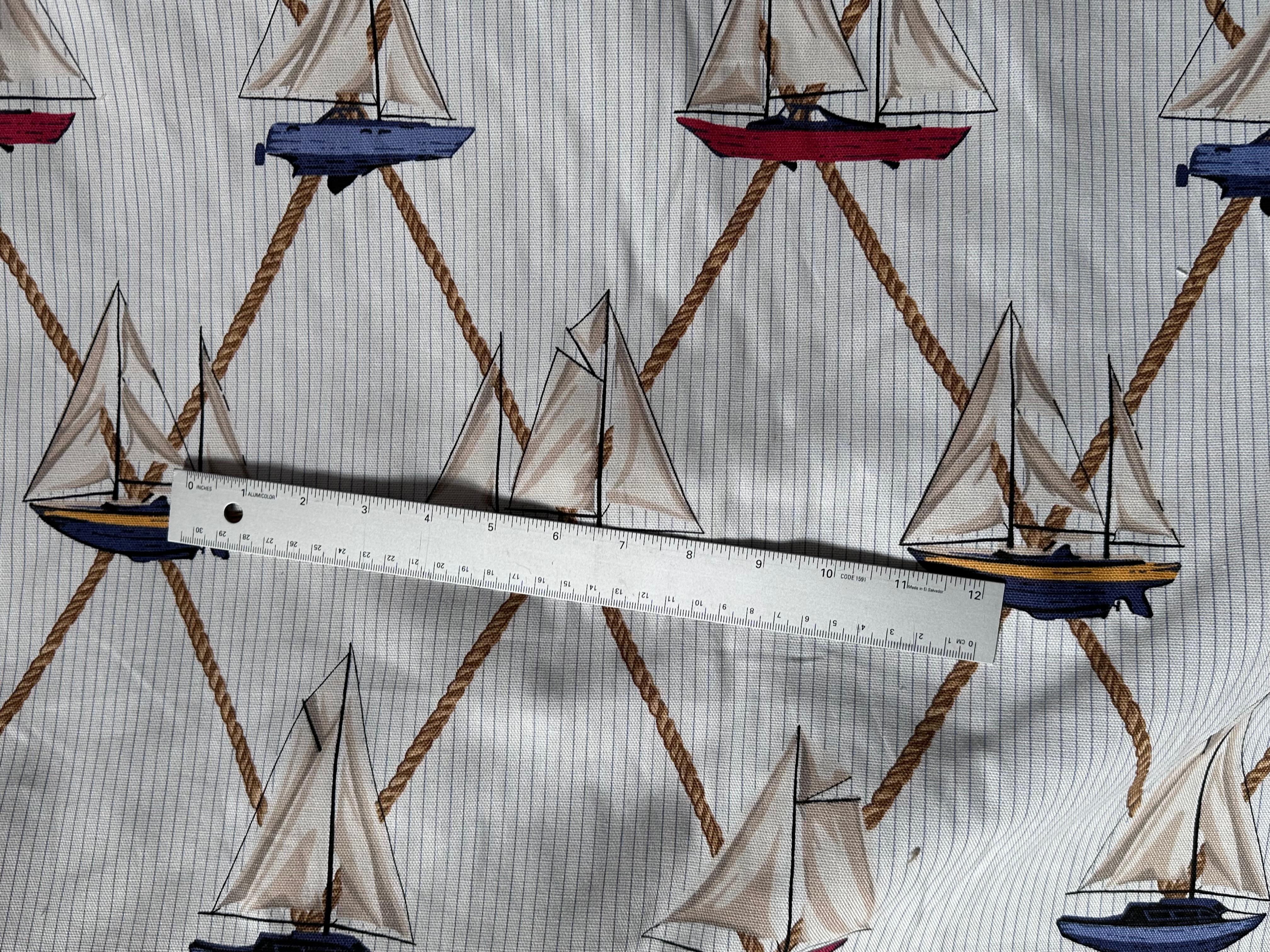Schumacher Sailboats Nautical Textile, White Cream, Multi Color Vintage Cotton  In Good Condition For Sale In Brooklyn, NY