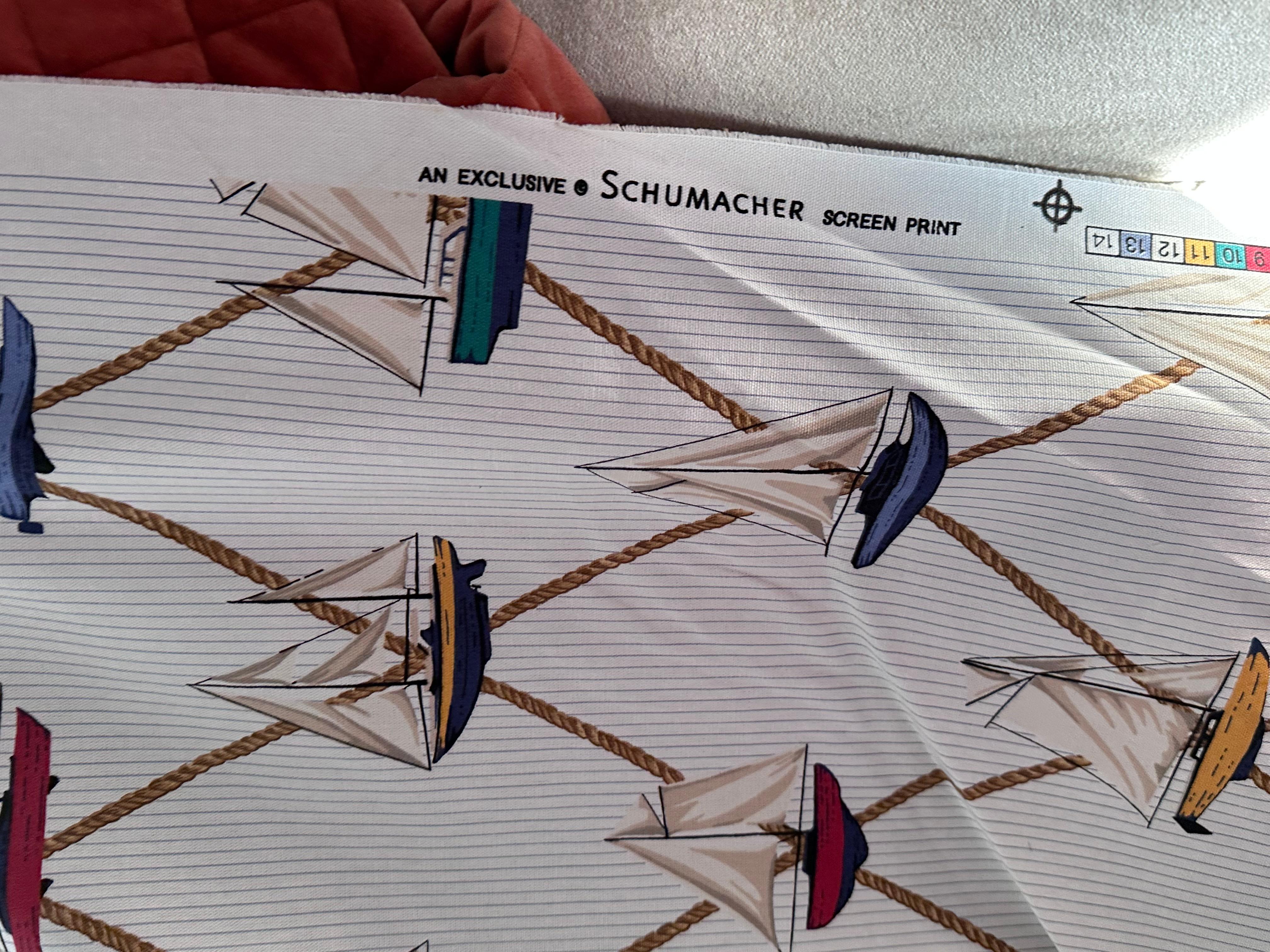 20th Century Schumacher Sailboats Nautical Textile, White Cream, Multi Color Vintage Cotton  For Sale