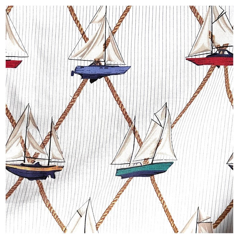 Schumacher Sailboats Nautical Textile, White Cream, Multi Color Vintage Cotton  For Sale