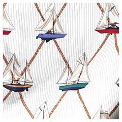 Schumacher Sailboats Nautical Textile, White Cream, Multi Color Vintage Cotton 
