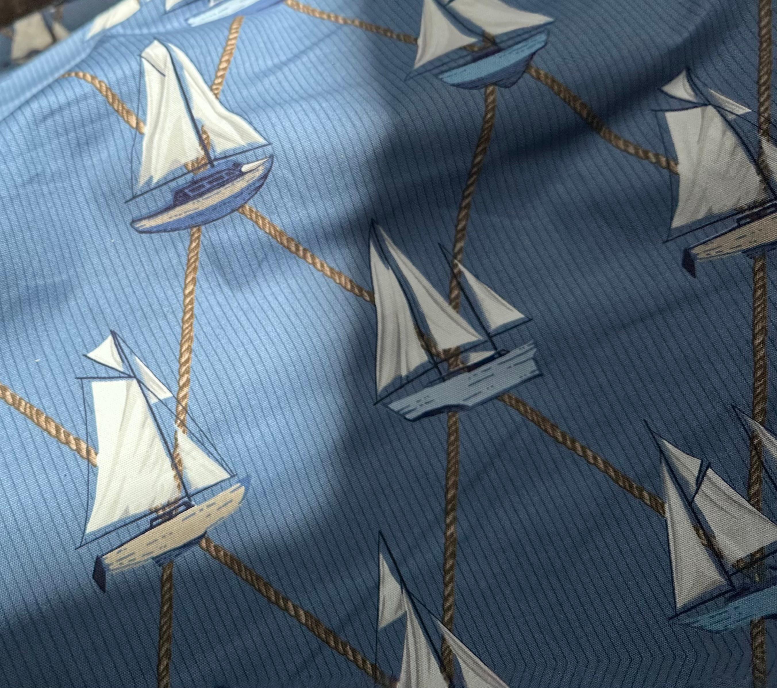 Schumacher Sailboats Nautical Textile Yardage, Cotton, Blue, Vintage. 1990’s. Appears to be a bolt. Many yards. Width of fabric is approximately 54.”.