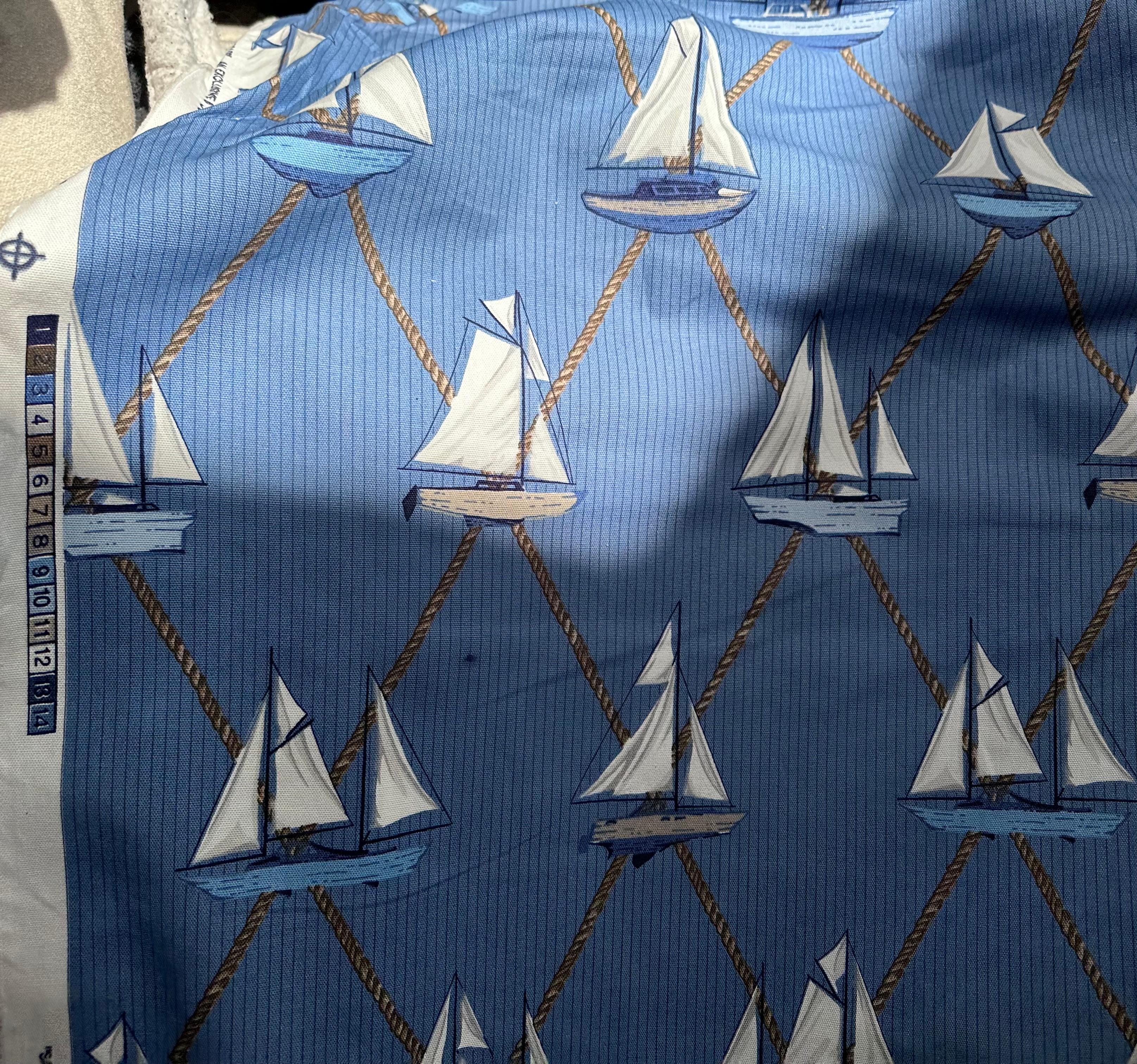 American Schumacher Sailboats Nautical Textile Yardage, Cotton, Blue, Vintage, 1990s For Sale