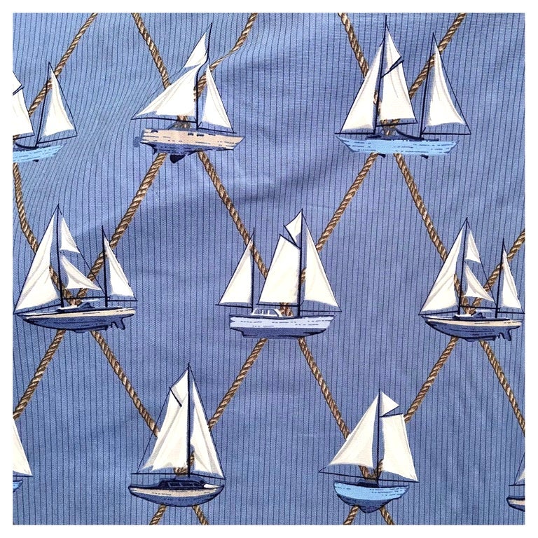 Schumacher Sailboats Nautical Textile Yardage, Cotton, Blue, Vintage, 1990s For Sale