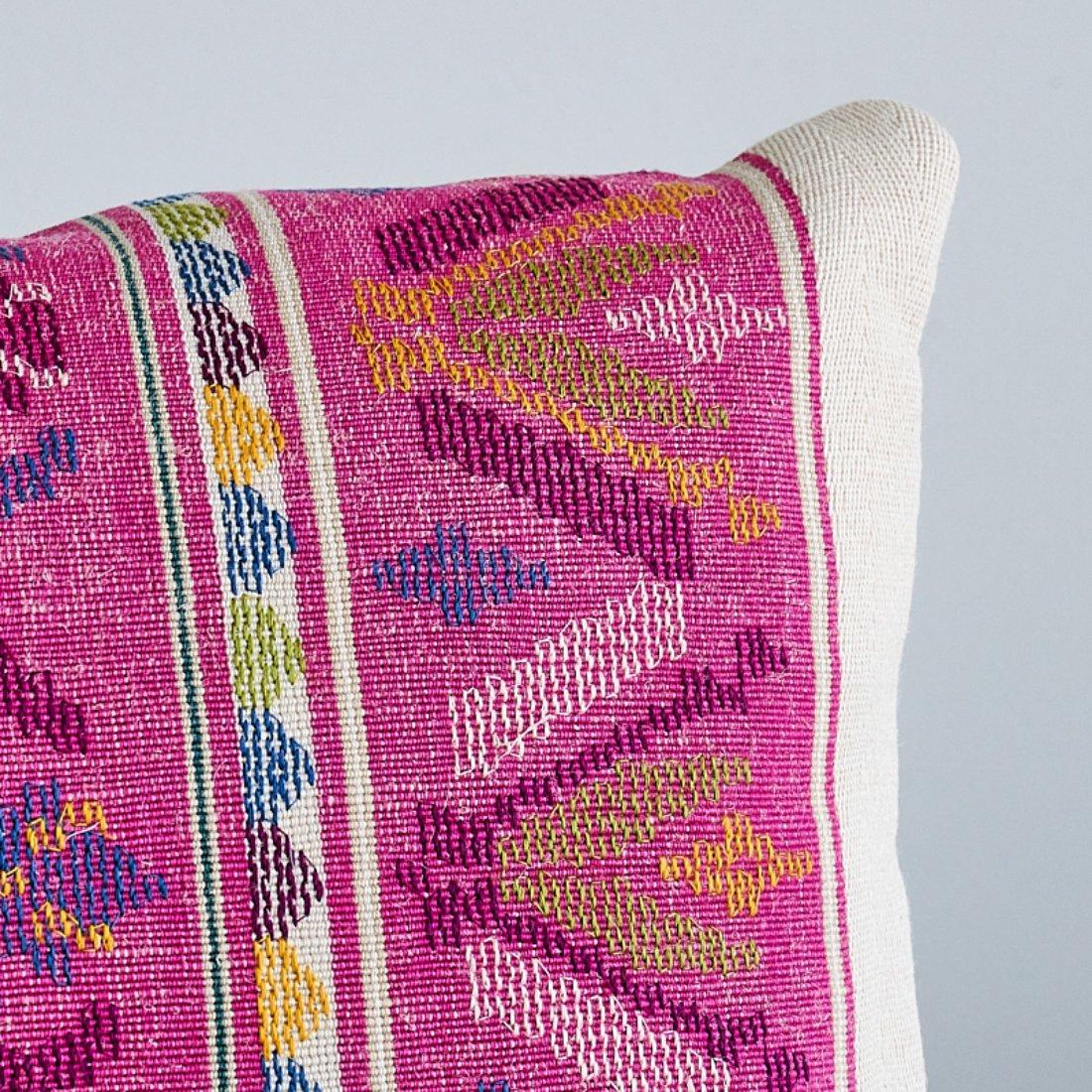 This pillow features Sandor Stripe with a knife edge finish. With a uniquely rustic, old-world quality, this wide-striped textile is handwoven with a jute weft and cotton warp and then embroidered with an open stitching for a rich, tactile feel.