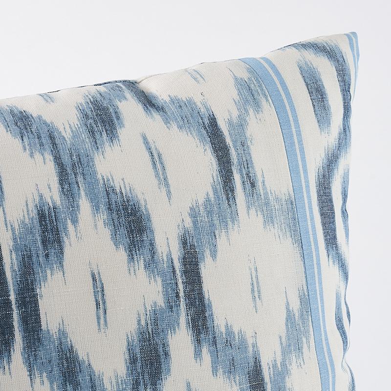 This pillow features Santa Monica Ikat Fabric (Item# 176502) by Mark D. Sikes for Schumacher with a Knife Edge finish. This artisanally crafted pattern puts a fresh spin on an archival ikat. Pillow includes a feather/down fill insert and hidden