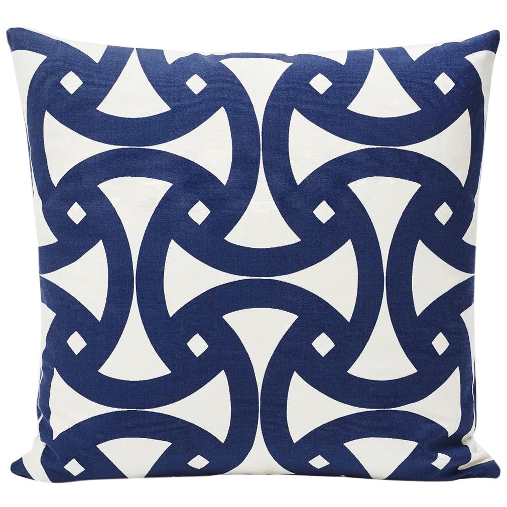 Schumacher Santorini Indoor/Outdoor Geometric Marine Blue Two-Sided 18" Pillow For Sale