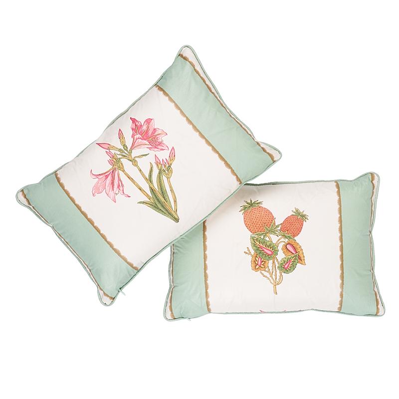 This pillow features Servilia Stripe Fabric (Item# 179640) with a self welt finish. Based on a tiny fragment from the archives, this intermittent stripe features exotic botanicals interspersed with color. The illustrations‚Äîincluding rare,