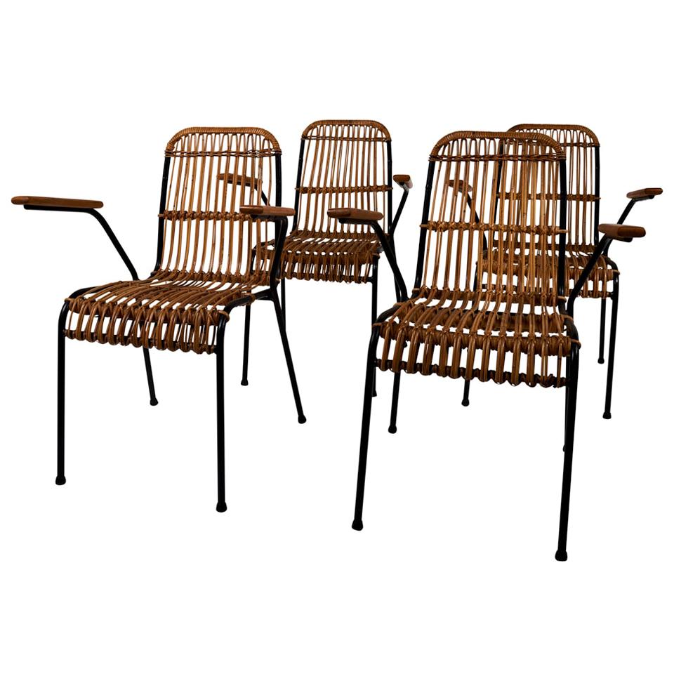 Schumacher Set of 4 Vintage Rattan Garden Chairs, made in Belgium.  For Sale