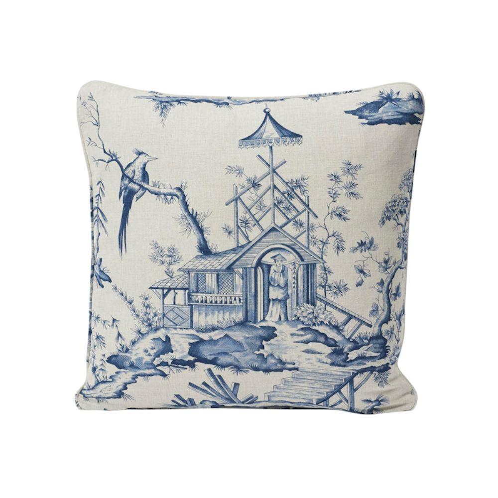 This pillow features Shengyou Toile with a self welt finish. Shengyou Toile is based on a priceless 18th-century document in our archives by court painter Jean-Baptiste Pillement. Hand-engraved, this pattern has rich dimension and is full of