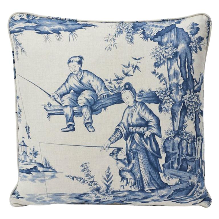 Schumacher Shengyou Toile 18" Blue Linen Cotton Pillow For Sale