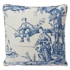 Schumacher Shengyou Toile 18" Blue Linen Cotton Pillow