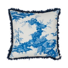 Schumacher Shengyou Toile Blue Linen Cotton Two-Sided Pillow